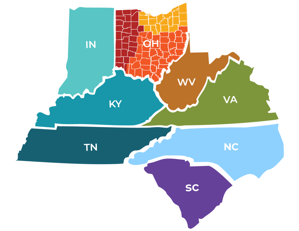 map of service area with colors for each state